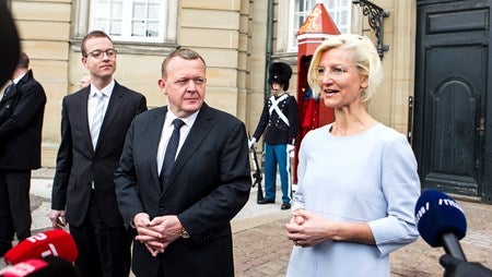 Minister Ulla Tørnæs speaks to the press