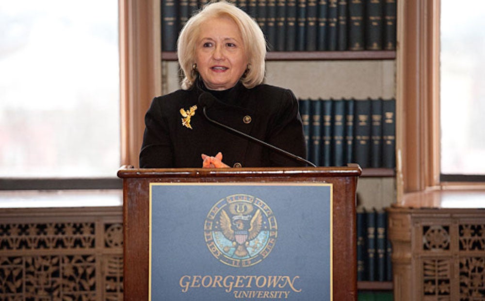 Ambassador Verveer speaks from a podium