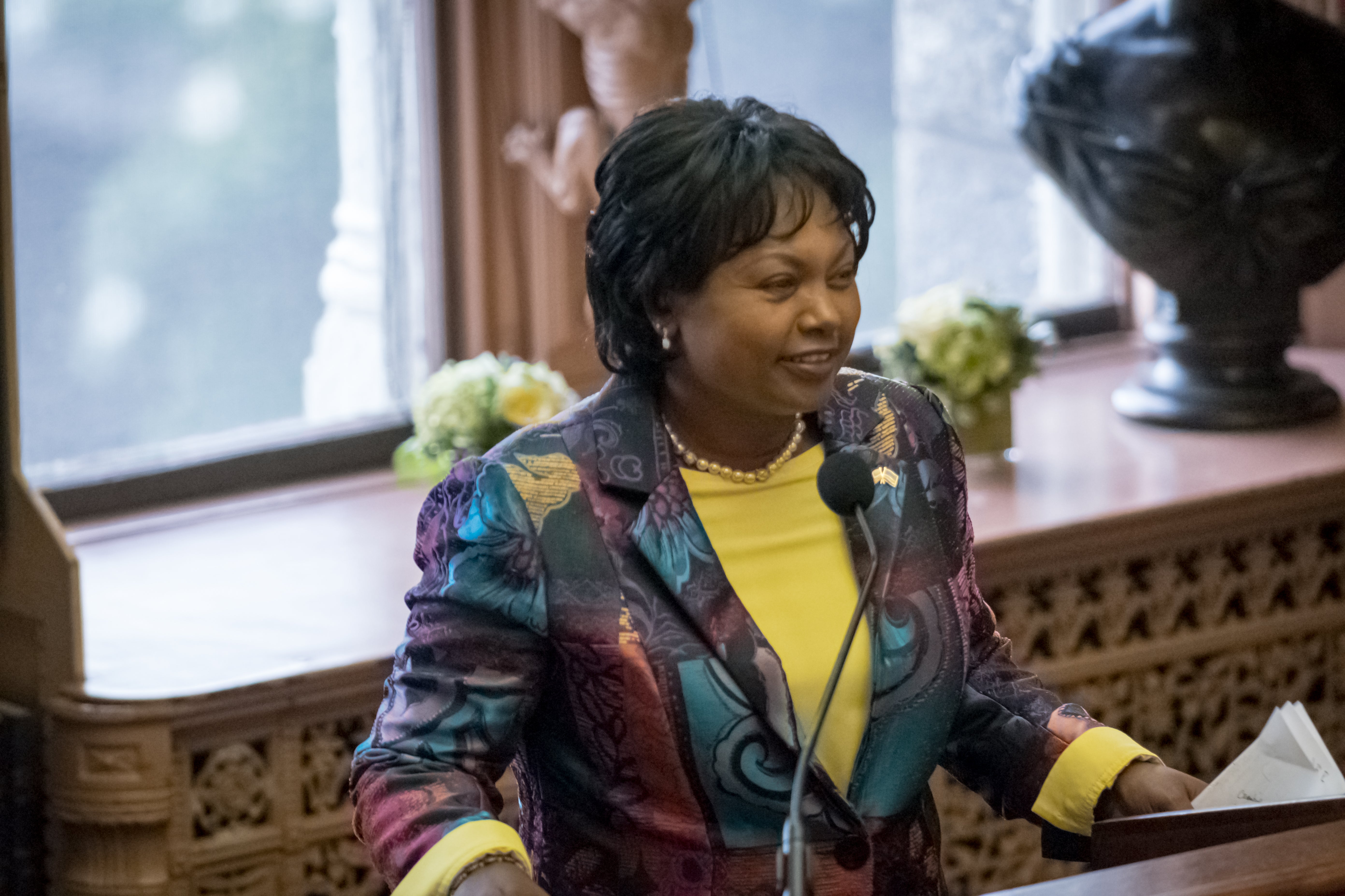 Rwandan Ambassador addresses event attendees in Riggs Library at Georgetown