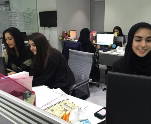 Women at Gloworks, a private company in Saudi Arabia that recruits women for jobs throughout the country. There's now a Glowfit, which includes the first licensed gym for women.