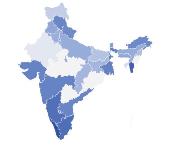 Map of India in various shades of blue.