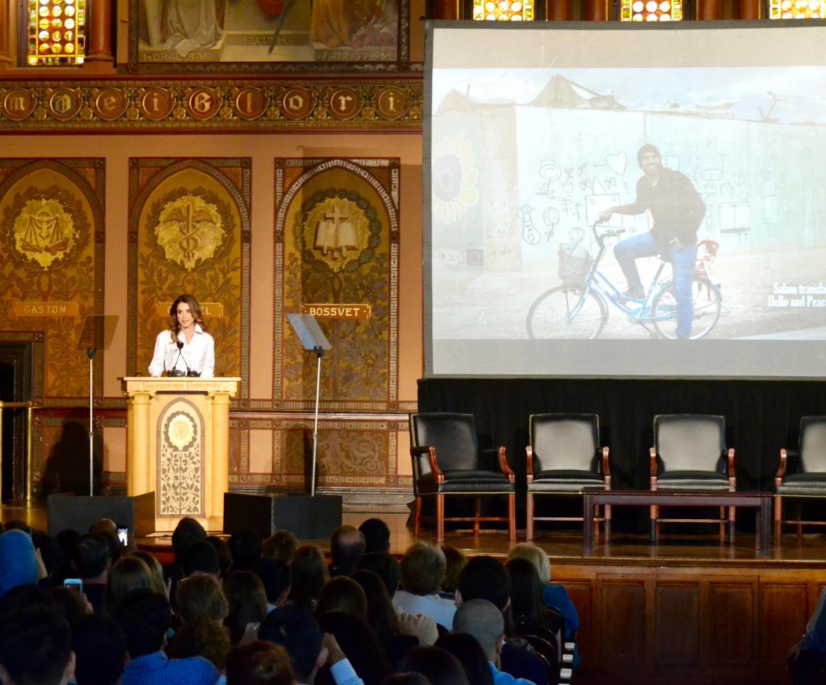 Queen Rania speaks from podium