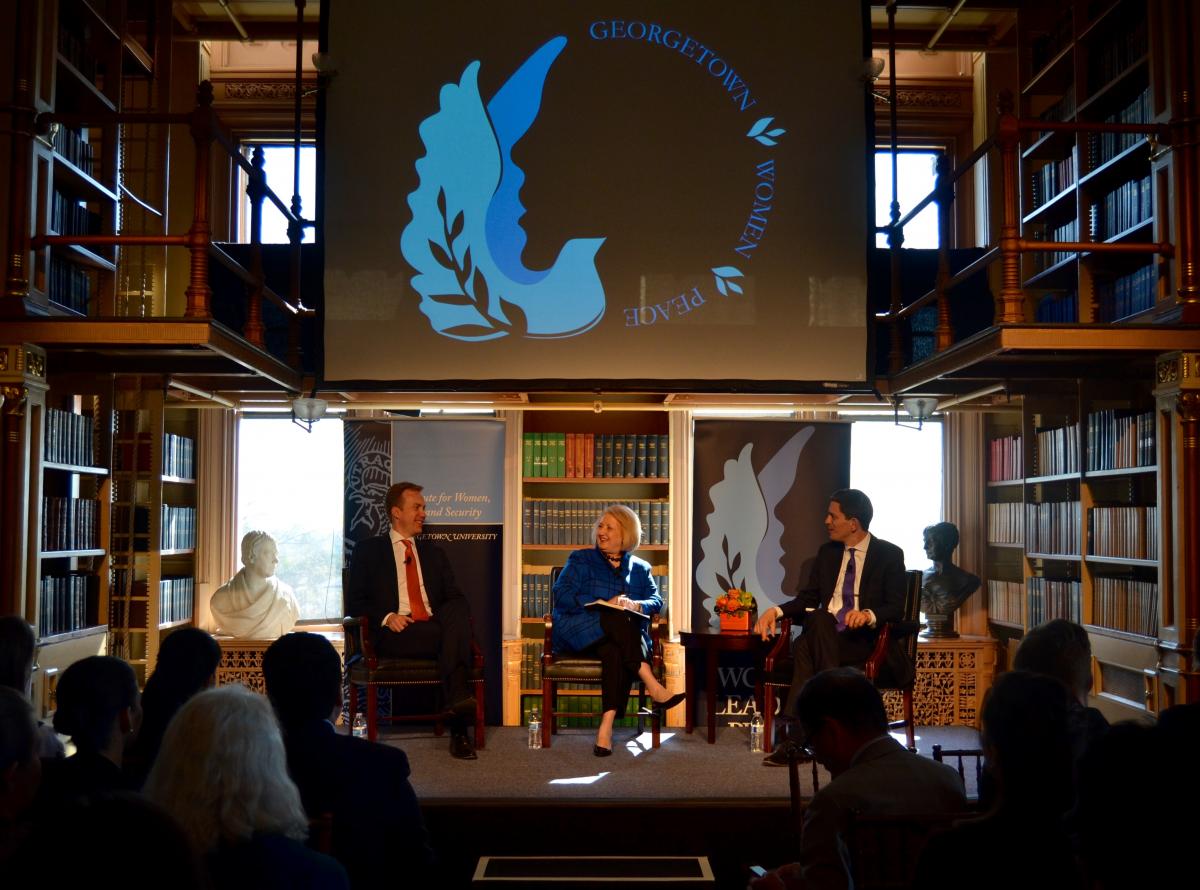 David Miliband and Melanne Verveer on stage