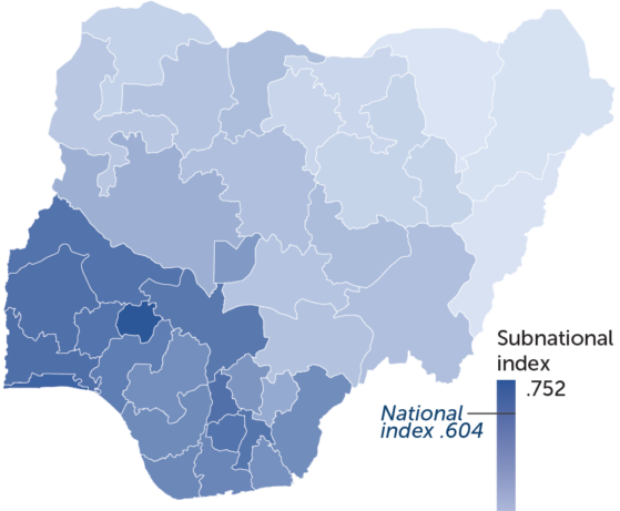 Map of Nigeria in various shades of blue