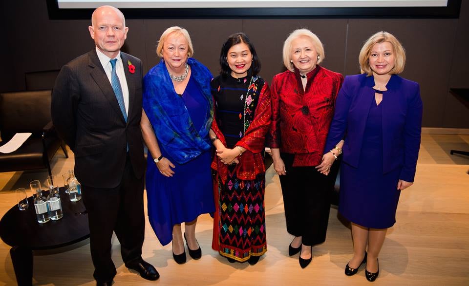 Lord Hague and Ambassador Verveer stand with awardees from Northern Ireland, Myanmar and Ukraine