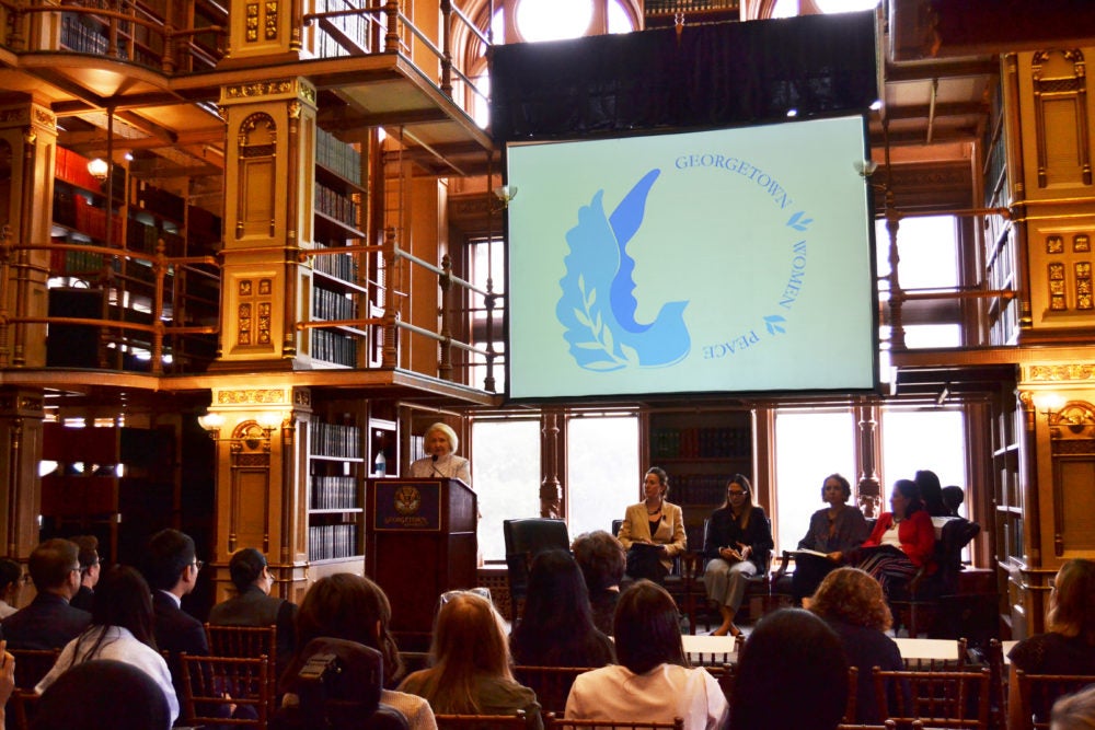 At Georgetown university Amb. Melanne Verveer delivers opening remarks