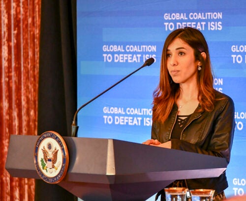 Yazidi activist Nadia Murad speaks at the U.S. Department of State