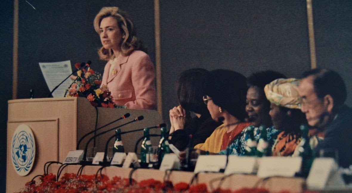 Hillary Clinton speaks at the UN Fourth World Conference on Women in Beijing in 1995.