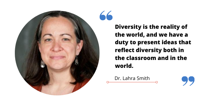 Quote graphic of Dr Lahra Smith that reads "Diversity is the reality of the world, and we have a duty to present ideas that reflect diversity both in the classroom and in the world."