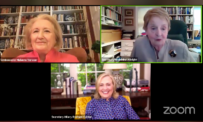 Screenshot from a virtual event picturing Melanne Verveer, Madeleine Albright, and Hillary Clinton speaking about the Beijing Conference and Platform for Action.