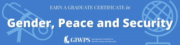 A decorative banner showing the Institute's logo that advertises the Gender, Peace and Security certificate