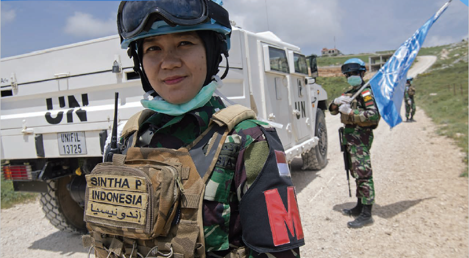 A decorative image shows a woman peacekeeping in uniform standing in front of a military truck and a man holding a UN peacekeeping flag.