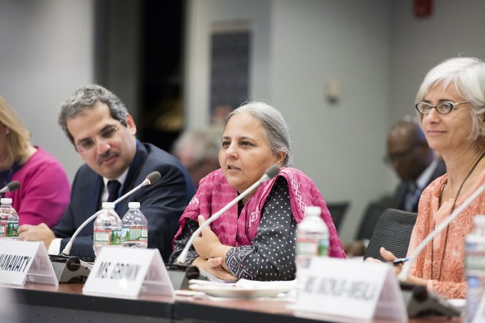 This photograph shows Reema Nanavaty, one of the co-authors of the article on this page, speaking on a panel at the World Bank's Advisory Council on Gender and Development