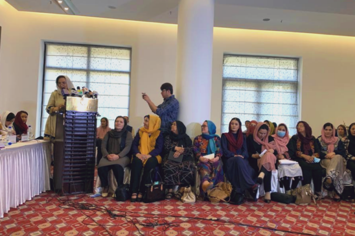 This photograph is included in the article to show a visual image from the all-women's press conference in Kabul described in this article.