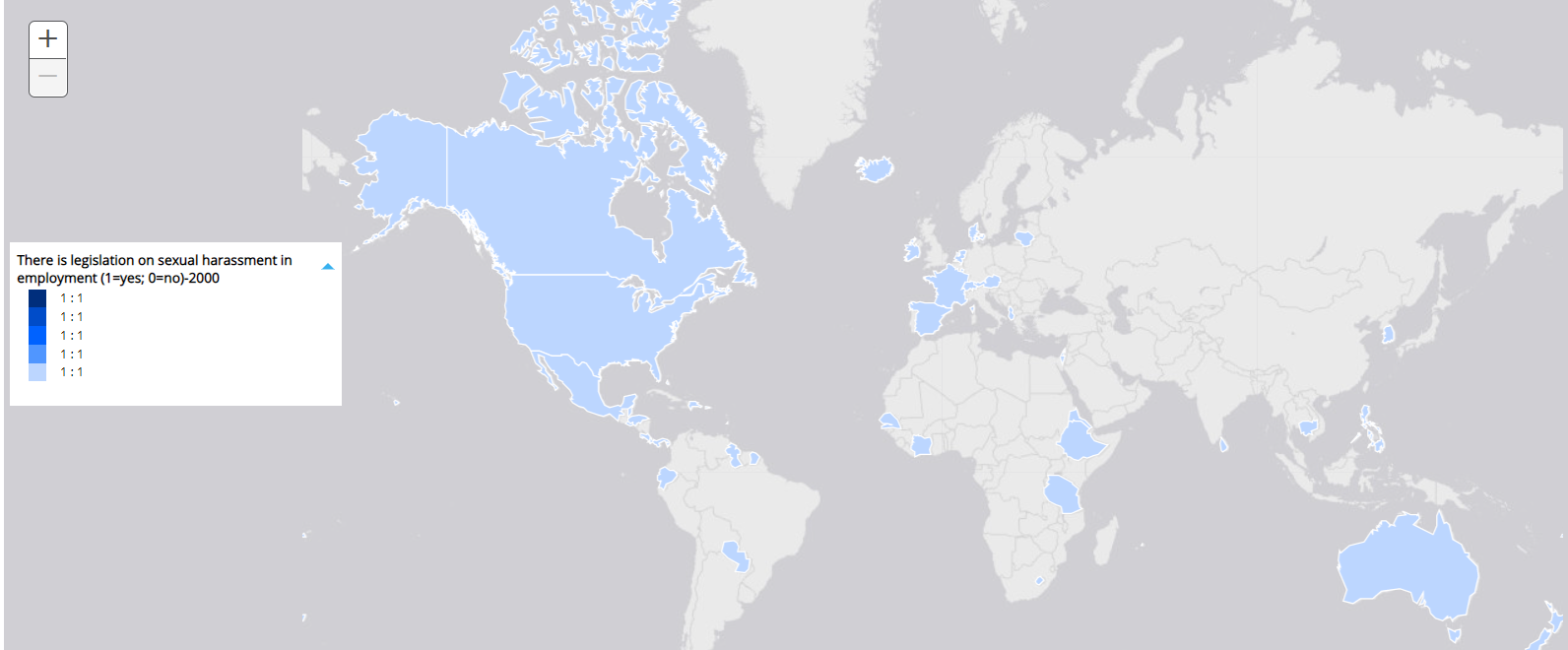 This world map representation of which countries have legislation prohibiting sexual harassment in the workplace shows just how few countries had such laws in the year 2000.