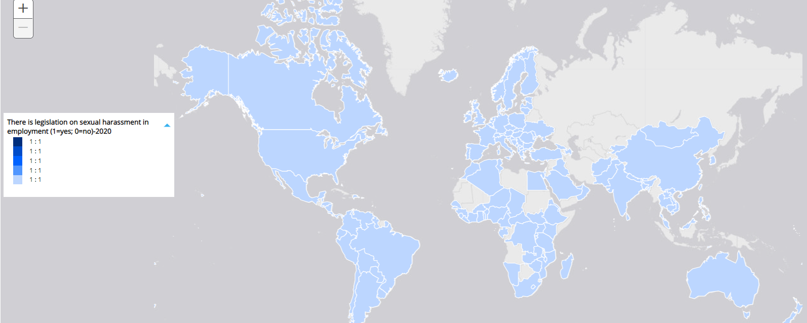 This world map representation of which countries have legislation prohibiting sexual harassment in the workplace is included in the article to show the stark visual difference between the data from the year 2000 and the data from the year 2020, in which many more countries passed legal protections regarding workplace harassment compared to 20 years earlier.