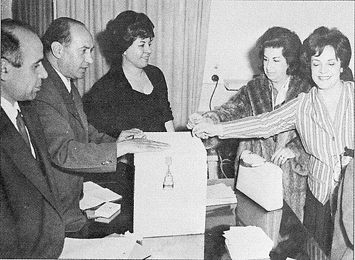 A decorative photograph shows women casting votes in Iran for the first time in 1963. It is included to show the striking visual contrast between women's rights in Iran before the Iranian Revolution and women's rights today.