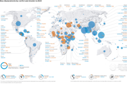 World map of new displacements by conflict and disaster in 2020.