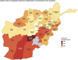Map of Afghanistan illustrating number of deaths per 100,000 people in each province.
