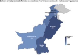 Map of Pakistan showing the index scores for each province.