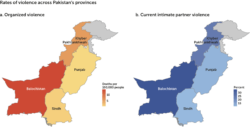 Two maps of Pakistan, one illustrating rates of organized violence in each province, and one illustrating rates of intimate partner violence in each province.