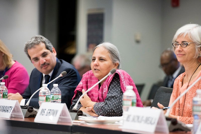 This photograph shows Reema Nanavaty, one of the co-authors of the article on this page, speaking on a panel at the World Bank's Advisory Council on Gender and Development