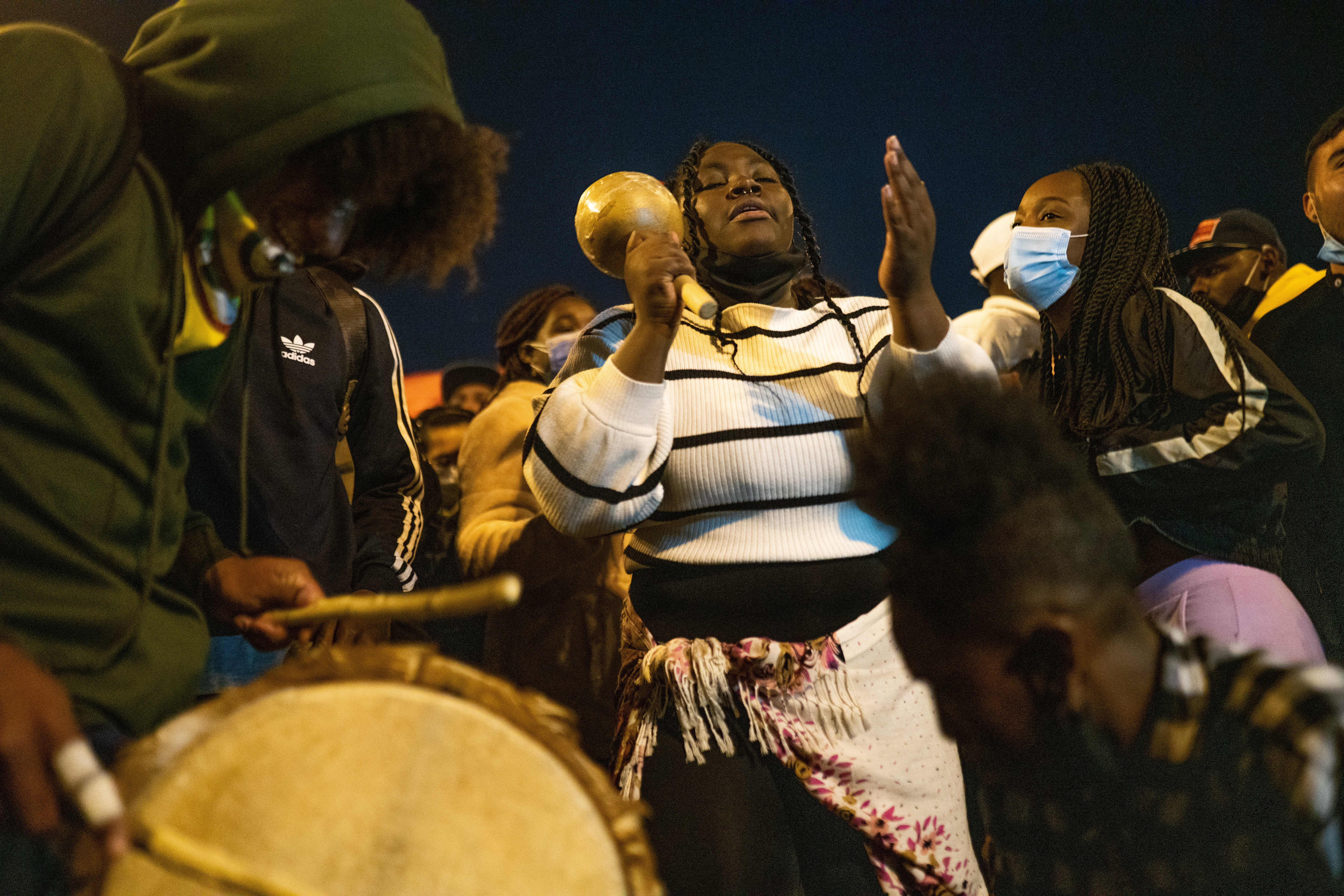 A group of Afro-Colombian youth joined the protest at the Portal de Las Americas, Bogotá, after  night of police violence in the neighborhood. 21-05-202. 